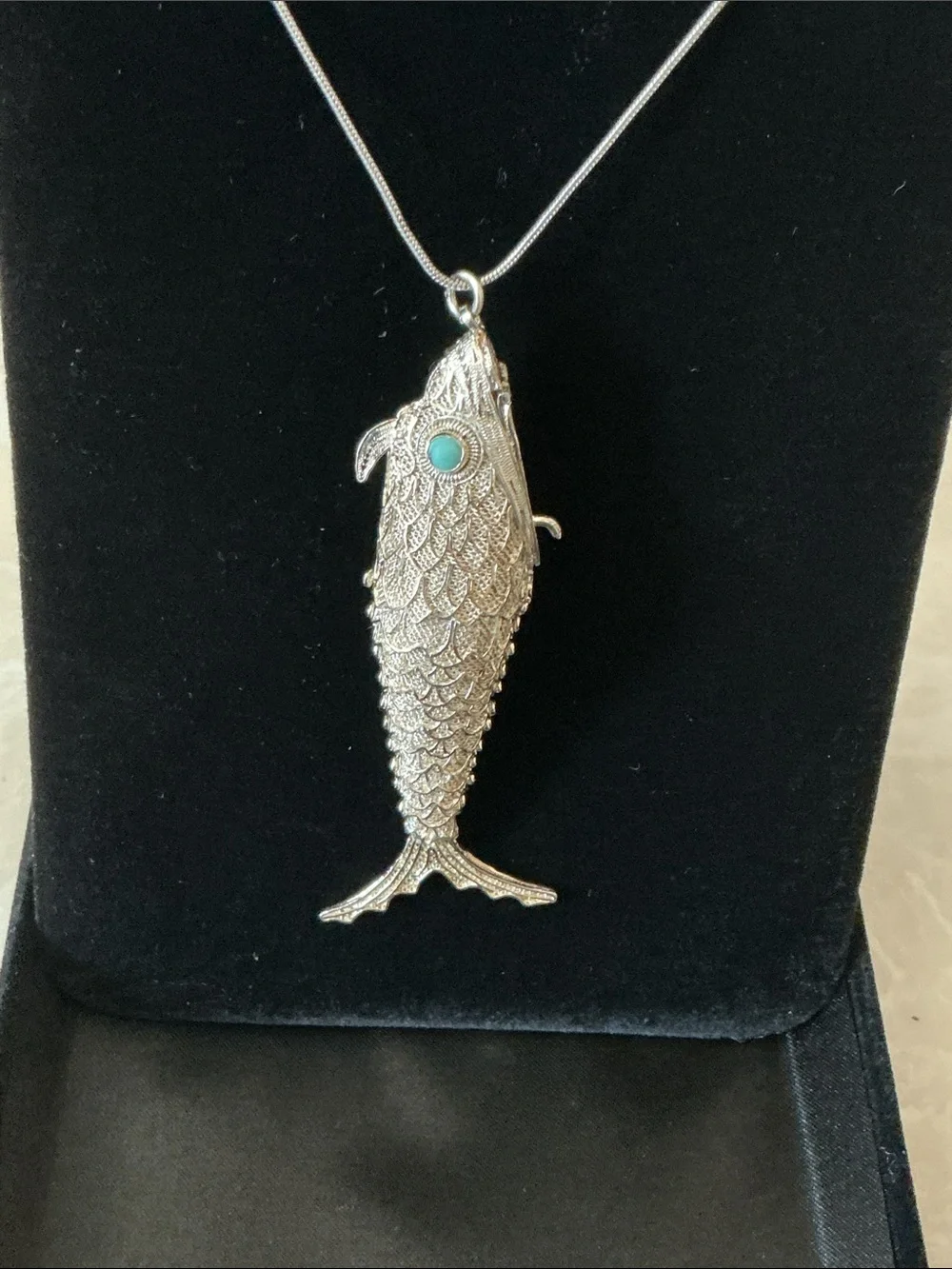 Silver Fish Pendant Necklace with Turquoise Accent Charm locket